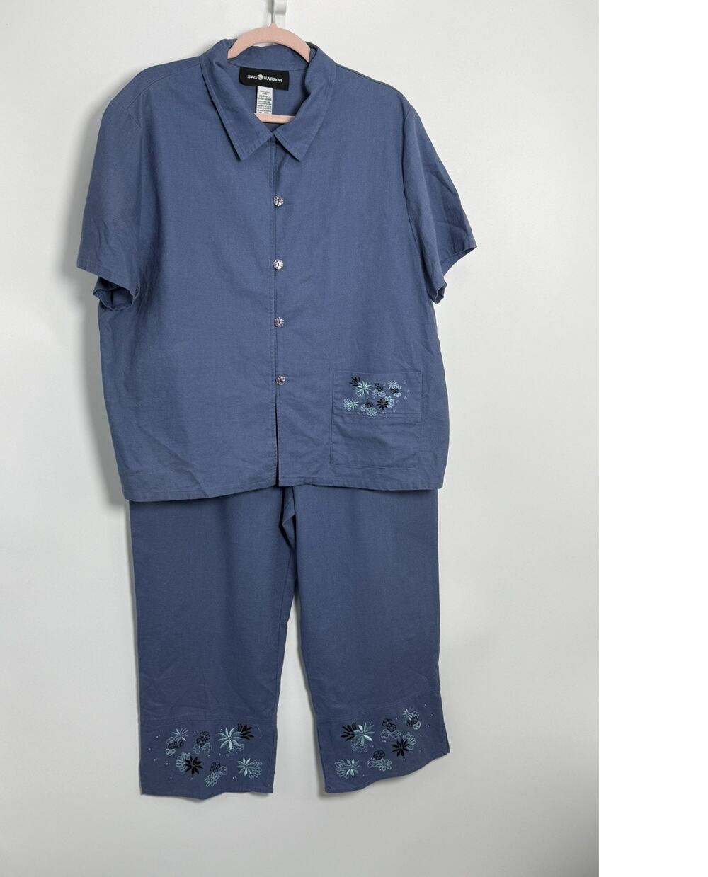 Sag Harbor XL 2 Piece Linen Cotton Pant Set Embroidered Blue Capri PocketsY2K